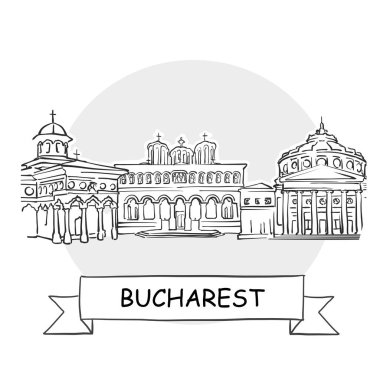 Bükreş Şehir Vektör İşareti. Kurdele ve Başlıklı Çizgi Sanat Resimleri.