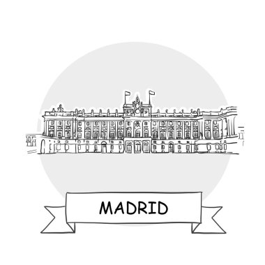 Madrid Şehir Vektör İşareti. Kurdele ve Başlıklı Çizgi Sanat Resimleri.
