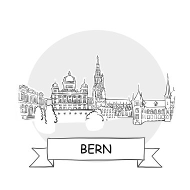 Bern Şehir Vektör İşareti. Kurdele ve Başlıklı Çizgi Sanat Resimleri.