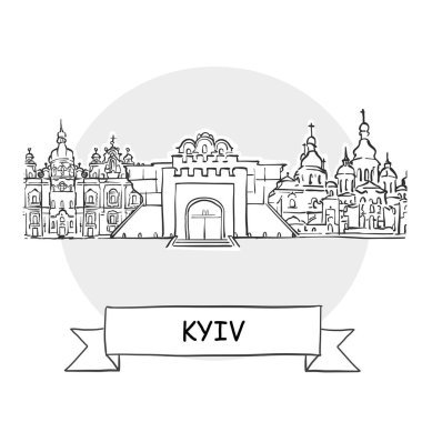 Kyiv Şehir Vektör İşareti. Kurdele ve Başlıklı Çizgi Sanat Resimleri.
