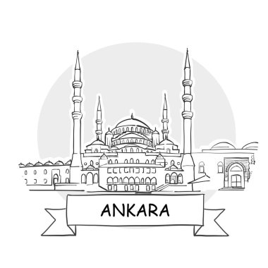 Ankara Şehir Vektör İşareti. Kurdele ve Başlıklı Çizgi Sanat Resimleri.
