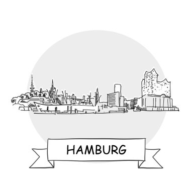Hamburg Şehir Vektör İşareti. Kurdele ve Başlıklı Çizgi Sanat Resimleri.