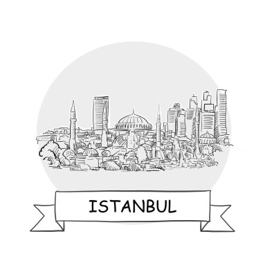 İstanbul Şehir Vektör İşareti. Kurdele ve Başlıklı Çizgi Sanat Resimleri.