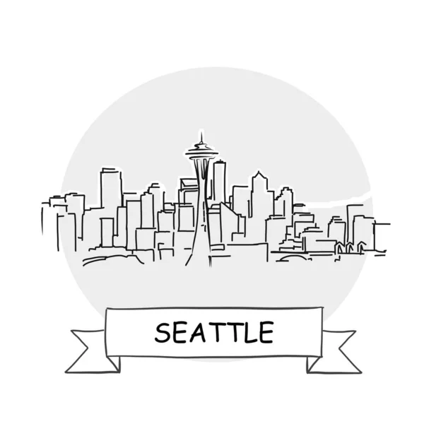 シアトル市内のベクトルサイン リボンとタイトルのラインアートイラスト — ストックベクタ