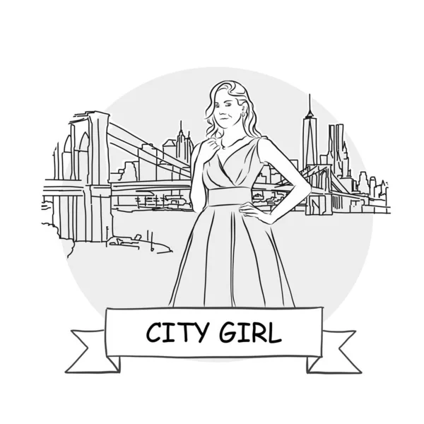 City Girl Cityscape Vector Teken Line Art Illustratie Met Lint — Stockvector