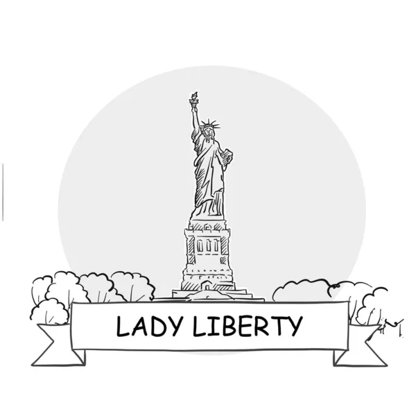 Lady Liberty Cityscape Vector Sign Εικόνα Γραμμικής Τέχνης Κορδέλα Και — Διανυσματικό Αρχείο
