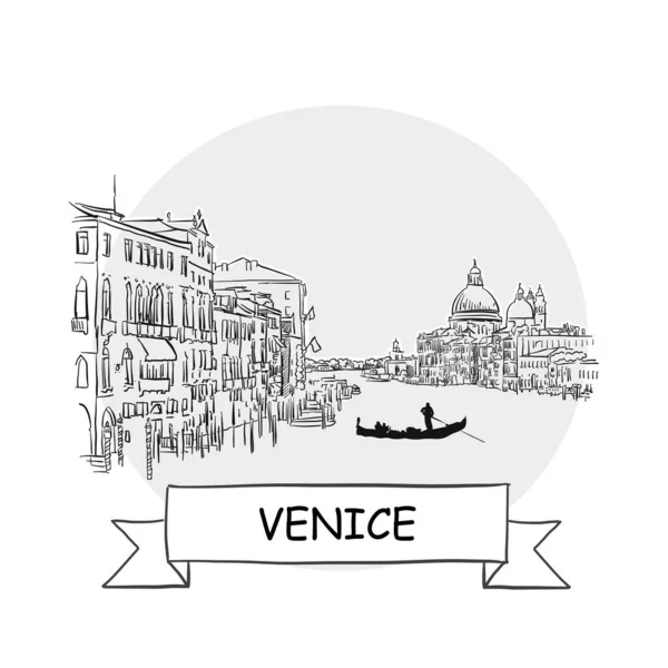威尼斯城市景观病媒标志 带条纹和标题的线条艺术图解 — 图库矢量图片