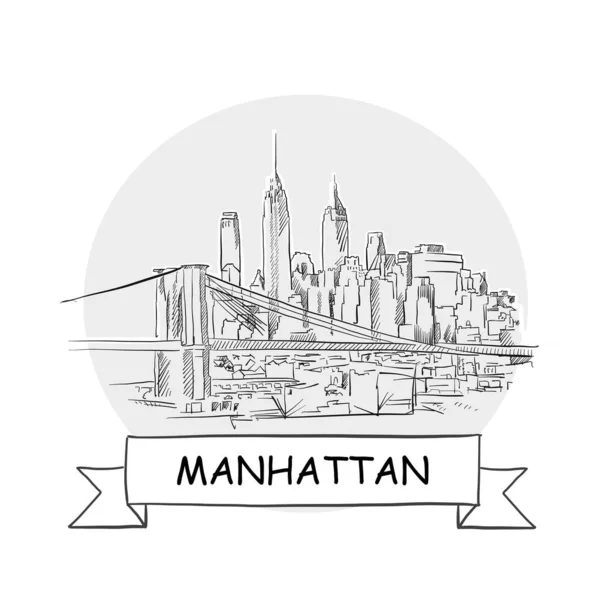 Manhattan Cityscape Vector Sign Linienkunst Illustration Mit Band Und Titel — Stockvektor