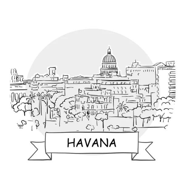 Знак Вектора Городского Пейзажа Гаваны Линейное Искусство Ленточкой Титулом — стоковый вектор