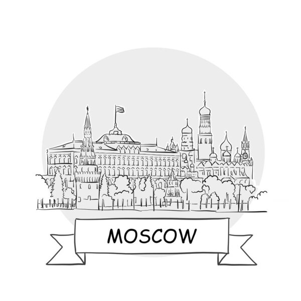 Moscow Cityscape Vector Sign. Line Art Illustration with Ribbon and Title.