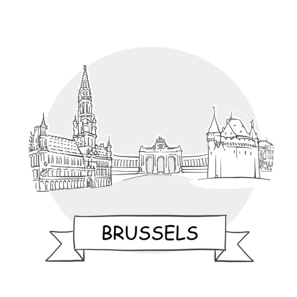 Brussels Cityscape Vector Sign Line Art Illustration Ribbon Title — Stock vektor