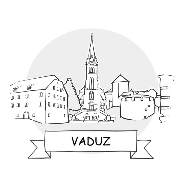 Vaduz Cityscapeベクトルサイン リボンとタイトルのラインアートイラスト — ストックベクタ