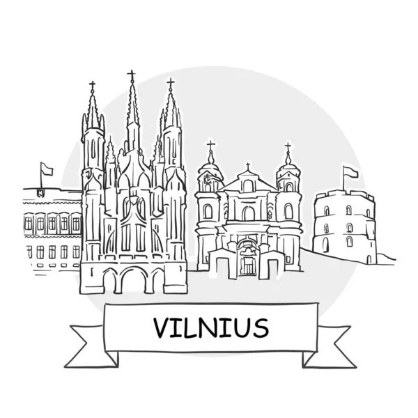 Vilnius Cityscape Vector Sign Εικόνα Γραμμικής Τέχνης Κορδέλα Και Τίτλος — Διανυσματικό Αρχείο