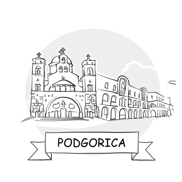 Podgorica Cityscape Vector Sign Ilustración Línea Arte Con Cinta Título — Archivo Imágenes Vectoriales