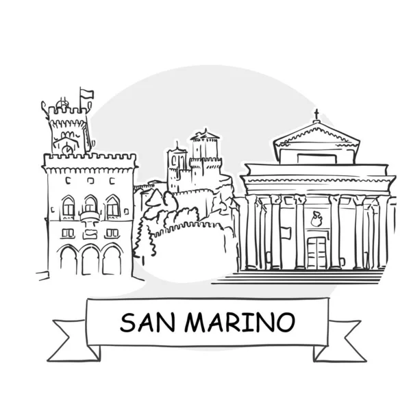 San Marino Cityscape Vector Sign Line Art Illustration Ribbon Title — стоковий вектор