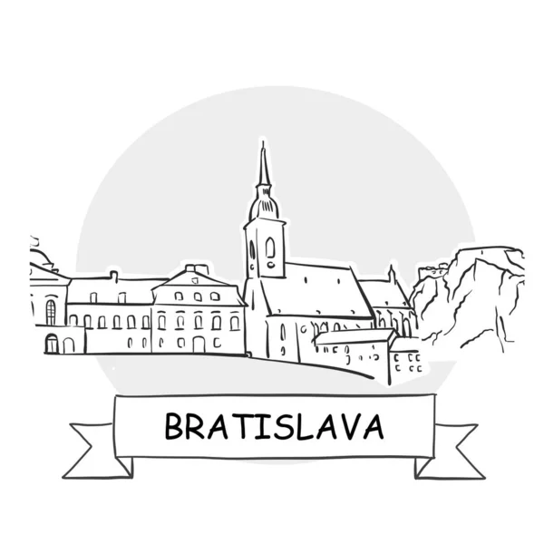 ブラチスラヴァ市のベクトルサイン リボンとタイトルのラインアートイラスト — ストックベクタ