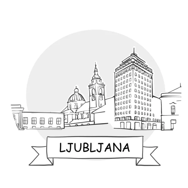 Ljubljana Cityscape Vector Sign Εικόνα Γραμμικής Τέχνης Κορδέλα Και Τίτλος — Διανυσματικό Αρχείο