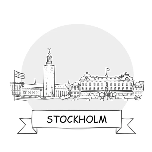 Stockholm Cityscape Vector Sign Ilustración Línea Arte Con Cinta Título — Vector de stock