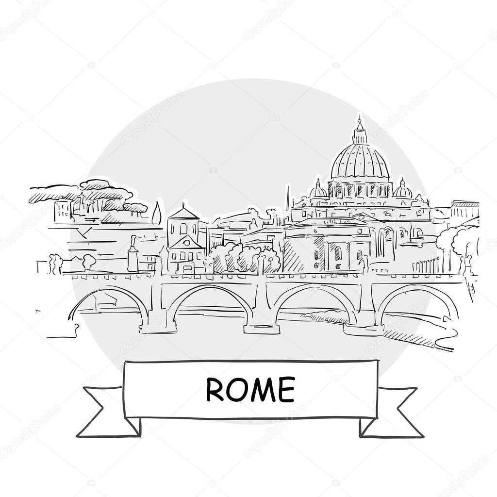 Rome Cityscape Vector Sign. Line Art Illustration with Ribbon and Title.
