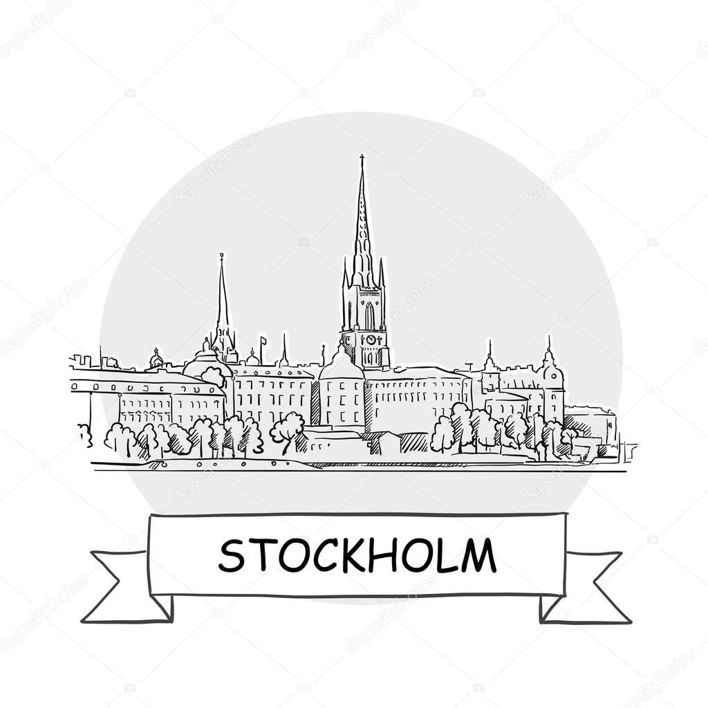 Stockholm Cityscape Vector Sign. Line Art Illustration with Ribbon and Title.