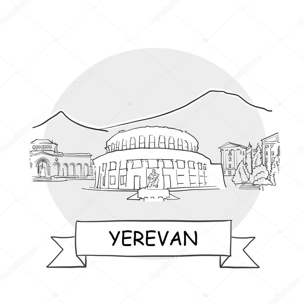 Yerevan Cityscape Vector Sign. Line Art Illustration with Ribbon and Title.