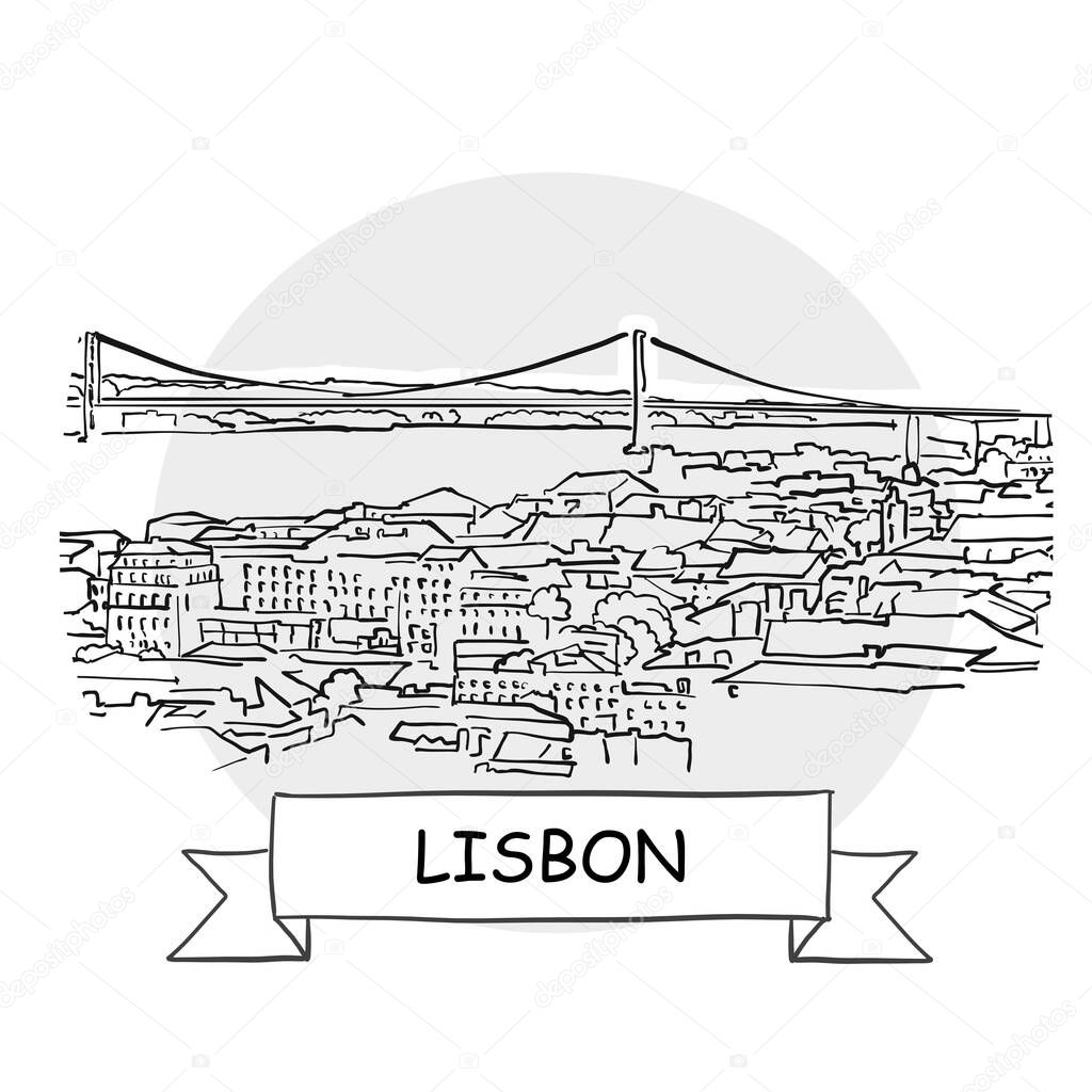 Lisbon Cityscape Vector Sign. Line Art Illustration with Ribbon and Title.