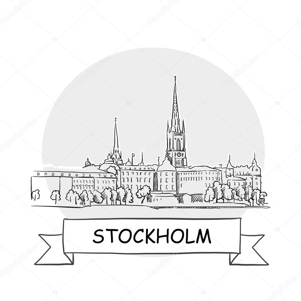 Stockholm Cityscape Vector Sign. Line Art Illustration with Ribbon and Title.
