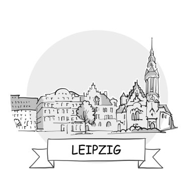 Leipzig El Çizimi Kentsel Vektör İşareti. Kurdele ve Başlıklı Siyah Çizgi Sanat Resimleri.