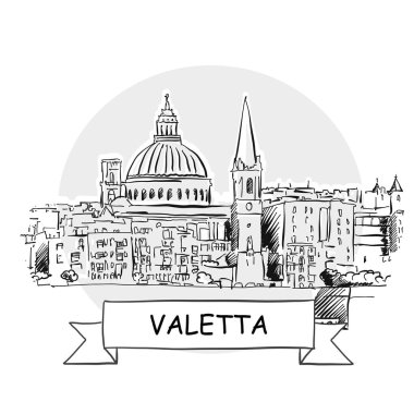 Valetta El Çizimi Kentsel Vektör İşareti. Kurdele ve Başlıklı Siyah Çizgi Sanat Resimleri.