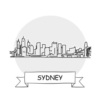 Sydney El Çizimi Kentsel Vektör İşareti. Kurdele ve Başlıklı Siyah Çizgi Sanat Resimleri.