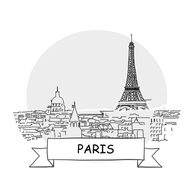 Paris El Çizimi Kentsel Vektör İşareti. Kurdele ve Başlıklı Siyah Çizgi Sanat Resimleri.