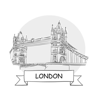 London Hand-Drawn Kentsel Vektör İşareti. Kurdele ve Başlıklı Siyah Çizgi Sanat Resimleri.