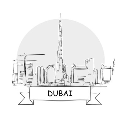 Dubai El Çizimi Kentsel Vektör İşareti. Kurdele ve Başlıklı Siyah Çizgi Sanat Resimleri.