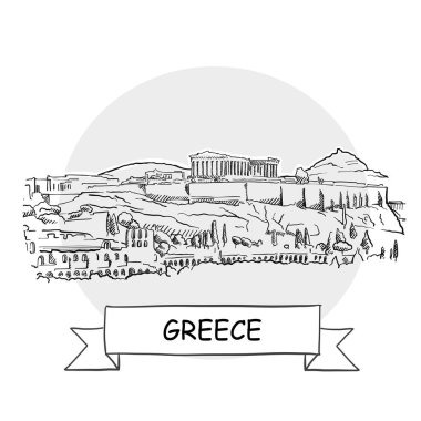 Yunanistan El Çizimi Şehir Vektörü İşareti. Kurdele ve Başlıklı Siyah Çizgi Sanat Resimleri.