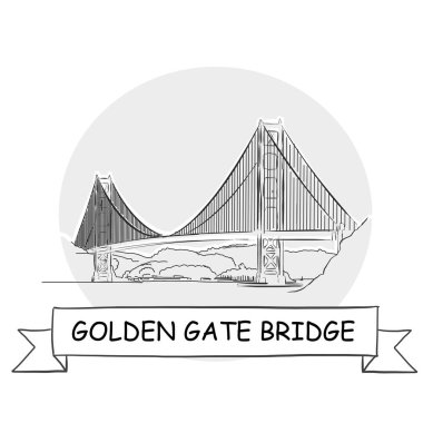 Golden Gate Köprüsü El yapımı Şehir Vektörü İşareti. Kurdele ve Başlıklı Siyah Çizgi Sanat Resimleri.