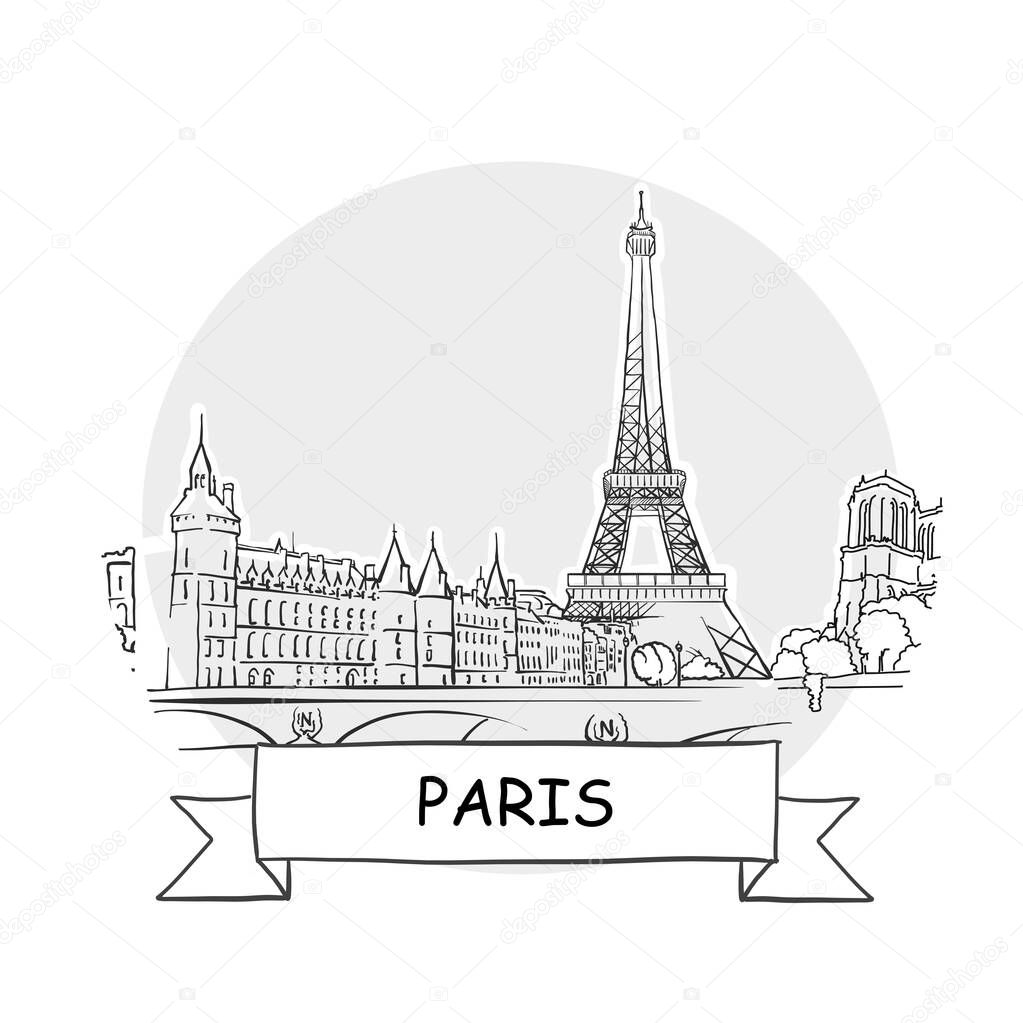 Paris Hand-Drawn Urban Vector Sign. Black Line Art Illustration with Ribbon and Title.