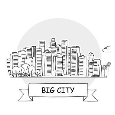 Büyük Şehir El Çizimi Şehir Vektörü İşareti. Kurdele ve Başlıklı Siyah Çizgi Sanat Resimleri.