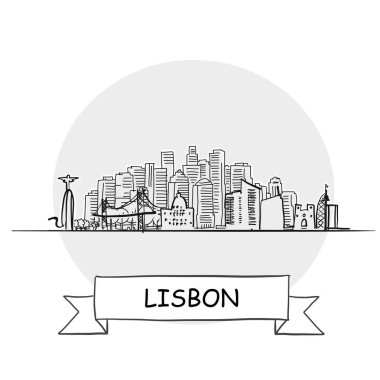 Lizbon El Çizimi Kentsel Vektör İşareti. Kurdele ve Başlıklı Siyah Çizgi Sanat Resimleri.