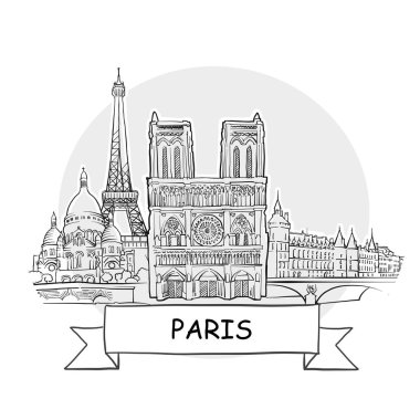 Paris El Çizimi Kentsel Vektör İşareti. Kurdele ve Başlıklı Siyah Çizgi Sanat Resimleri.