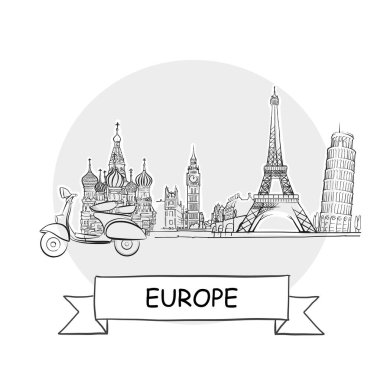 Avrupa El Çizimi Kentsel Vektör İşareti. Kurdele ve Başlıklı Siyah Çizgi Sanat Resimleri.