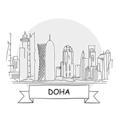 Doha El Çizimi Kentsel Vektör İşareti. Kurdele ve Başlıklı Siyah Çizgi Sanat Resimleri.