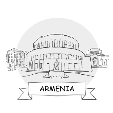 Ermenistan El Çizimi Kentsel Vektör İşareti. Kurdele ve Başlıklı Siyah Çizgi Sanat Resimleri.