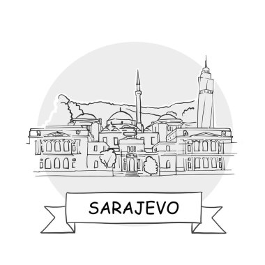 Saraybosna El Çizimi Şehir Vektör İşareti. Kurdele ve Başlıklı Siyah Çizgi Sanat Resimleri.