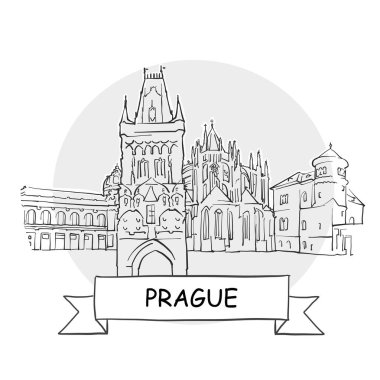 Prag El Çizimi Kentsel Vektör İşareti. Kurdele ve Başlıklı Siyah Çizgi Sanat Resimleri.