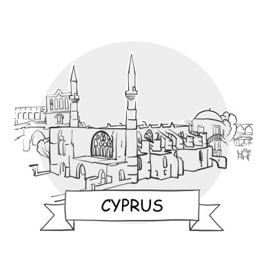 Kıbrıs Rum Kesimi Elle Çizilmiş Kentsel Vektör İşareti. Kurdele ve Başlıklı Siyah Çizgi Sanat Resimleri.