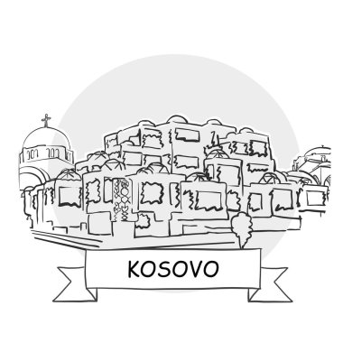 Kosova El Çizimi Kentsel Vektör İşareti. Kurdele ve Başlıklı Siyah Çizgi Sanat Resimleri.