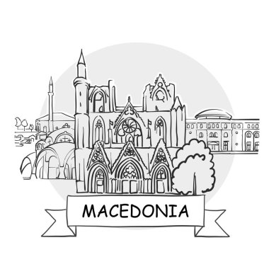 Makedonya El Çizimi Kentsel Vektör İşareti. Kurdele ve Başlıklı Siyah Çizgi Sanat Resimleri.