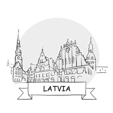 Letonya El Çizimi Kentsel Vektör İşareti. Kurdele ve Başlıklı Siyah Çizgi Sanat Resimleri.