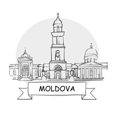 Moldova El Çizimi Kentsel Vektör İşareti. Kurdele ve Başlıklı Siyah Çizgi Sanat Resimleri.