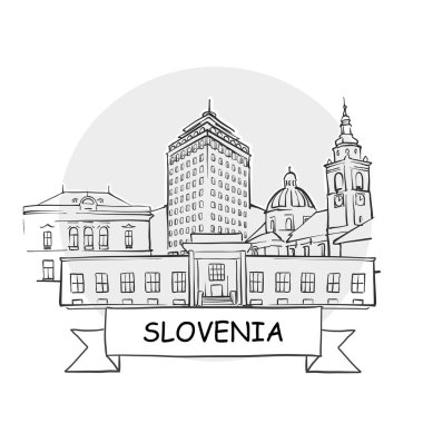 Slovenya El Çizimi Kentsel Vektör İşareti. Kurdele ve Başlıklı Siyah Çizgi Sanat Resimleri.